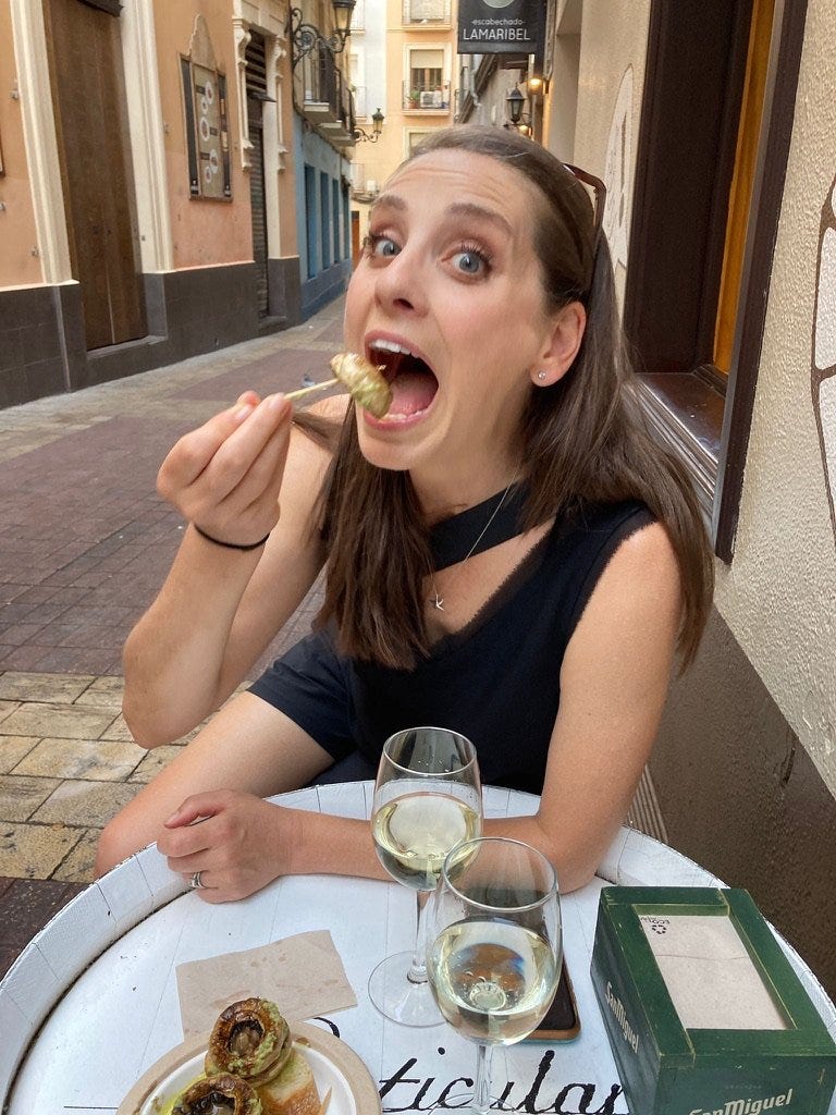 Susan Derry stuffing her face at El Champi in Zaragoza, Spain