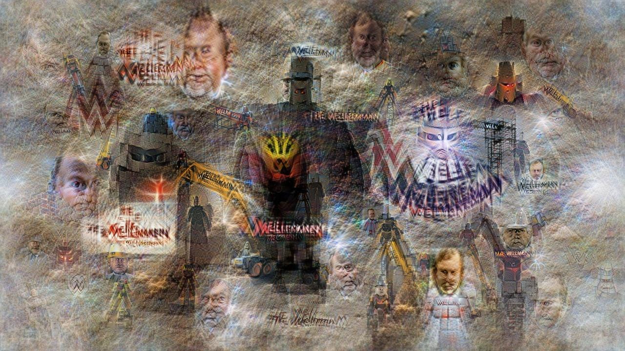 Collage of ominous dark helmeted and caped figures (they kind of look like Lord Buckethead), some bright yellow cranes, and some faces that look like middle-aged white men. "Wellerman" is written in several places as a semi-legible logo.