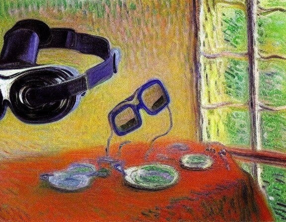AI-generated image based on prompt: Still life of shiny VR goggles on a glass table by Claude Monet
