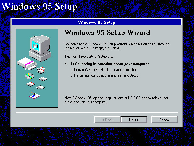 A gray window that reads “Windows 95 Setup Wizard”. Some text is in the grey box, with the “Next” button highlighted.