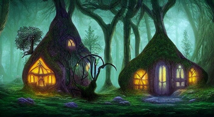 AI-generated image based on prompt: Fantasy cottage in an otherworldly forest on an alien planet