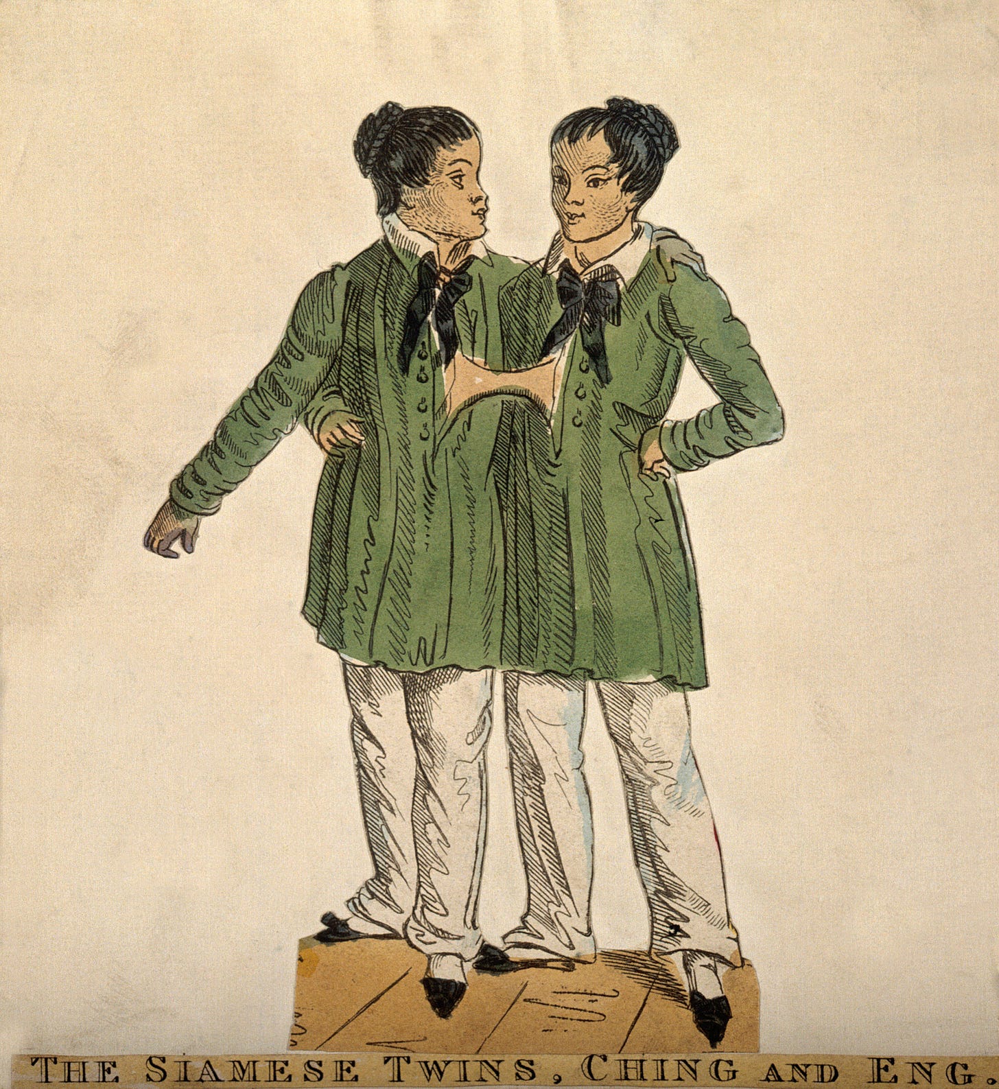 Old colour print of the original 'siamese twins' Chang and Eng