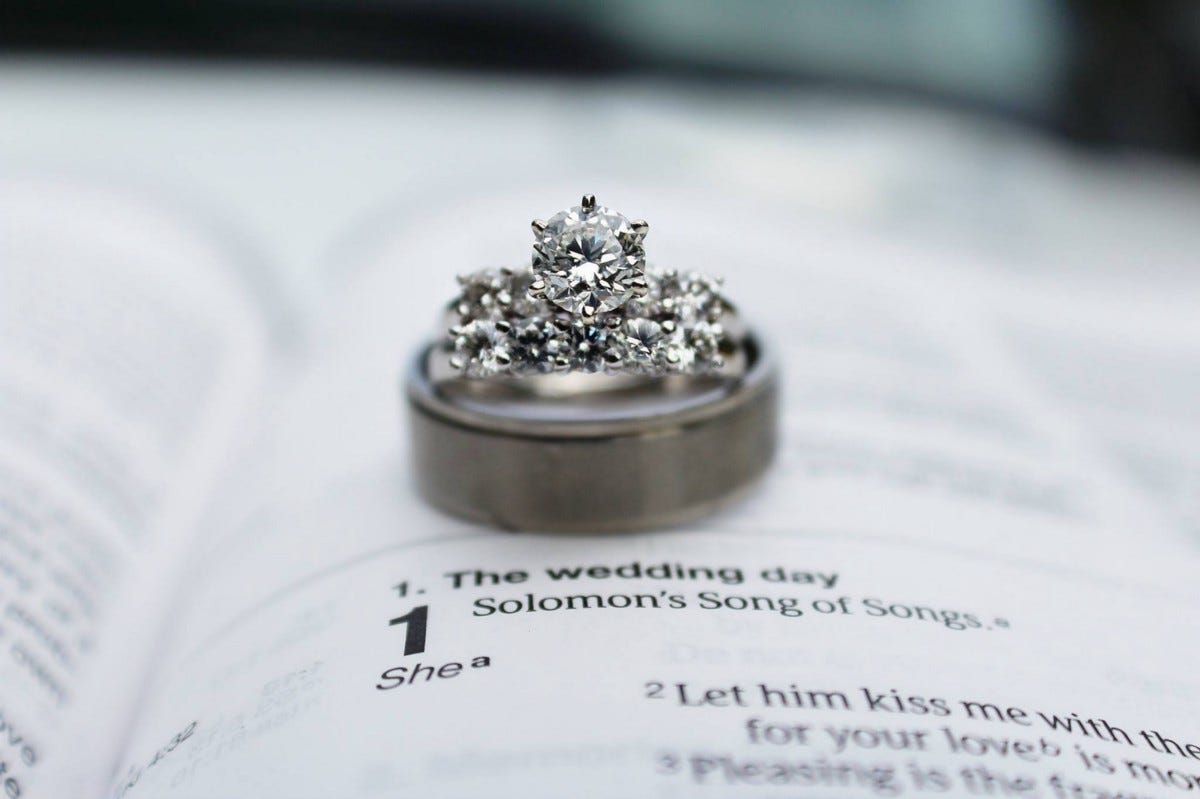 An engagement ring on a Bible