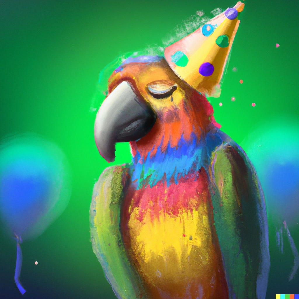 A sad colorful parrot with a party hat, set against a green background with blue balloons