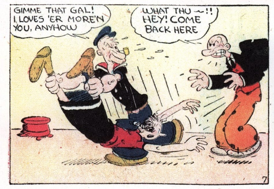 Popeye and another guy fighting over Olive Oyl