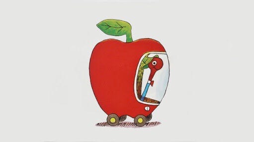 Lowly Worm from the World of Richard Scarry in his apple car