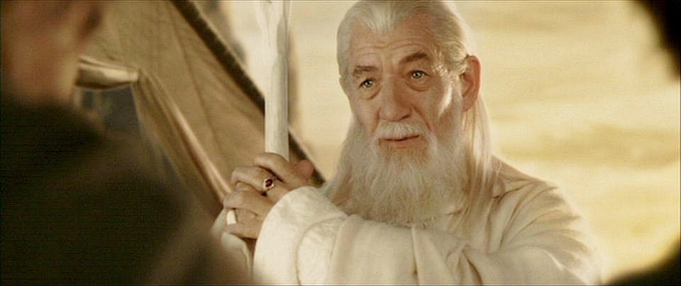 Gandalf the White in the Grey Havens at the end of Return of the King