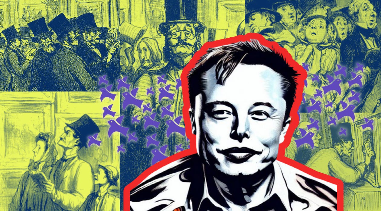 Dall-e image of pop art elon musk with birds flying away from him on top of a background of honore daumier's cartoons of critics in the parisian salons.
