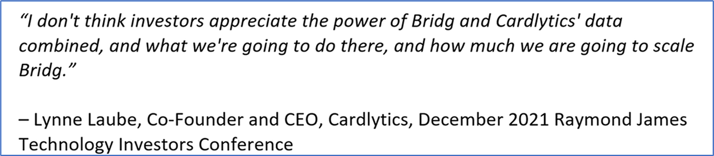 Lynne Laube, CDLX, Cardlytics, Bridg, POS, Cardlytics, CDLX, US Bank, BofA, Chase, Wells Fargo, API, Self service, machine learning, SKU, Product-level, Swany407, Austin Swanson, Lynne Laube, power of Bridg and Cardlytics combined, scale of Bridg