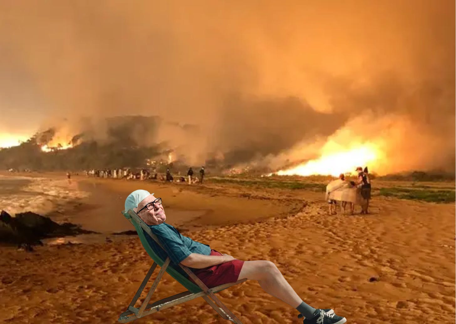 Rupert Murdoch sits in a deckchair with a knotted hankerchief on his head, while the world burns