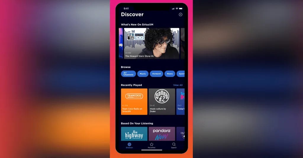 The new look of the SiriusXM streaming radio app.