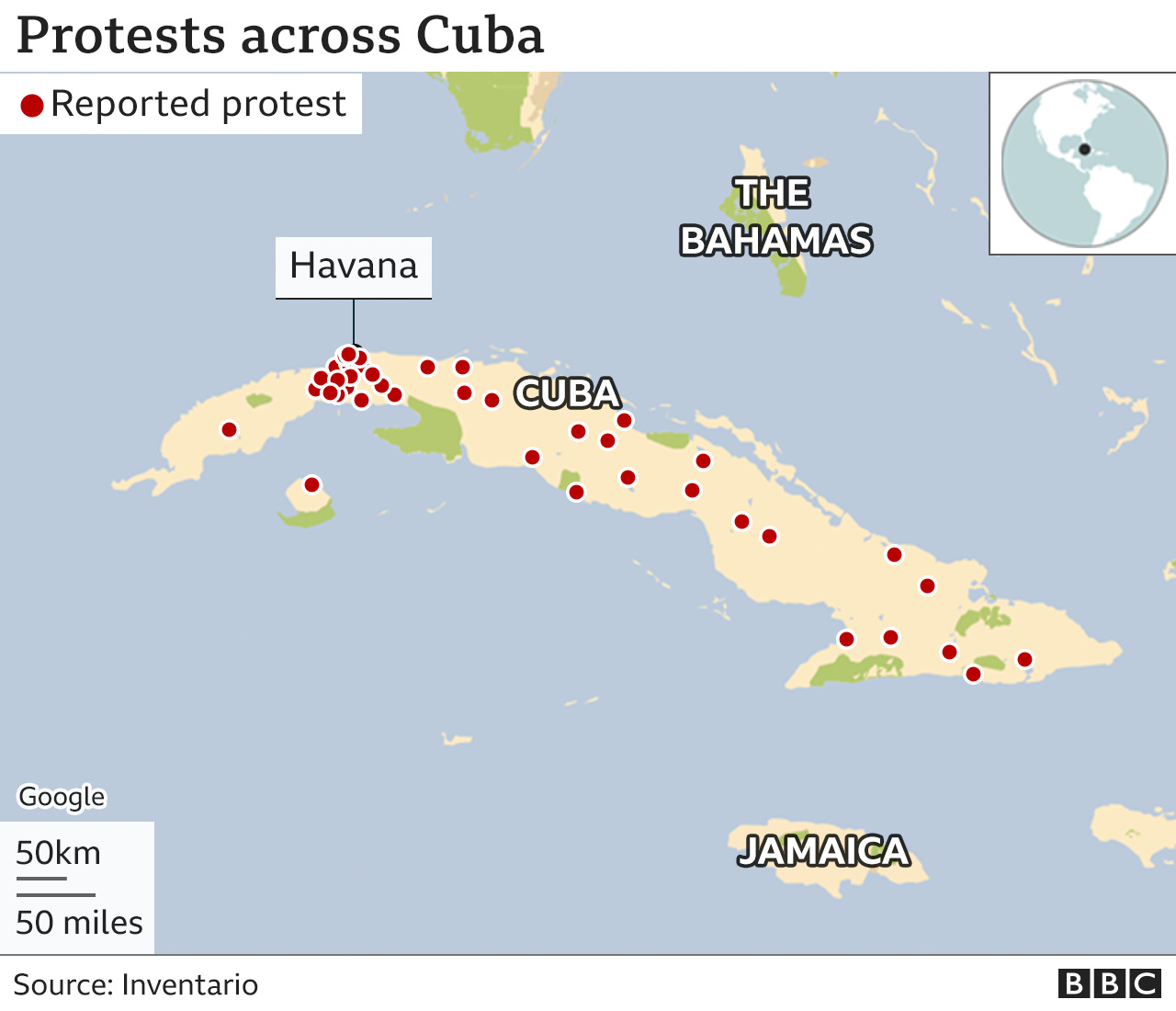 Map of Cuba protests
