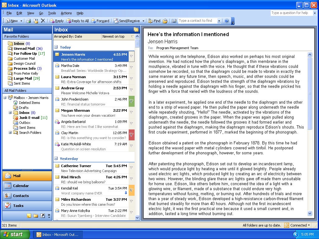 New Outlook user interface showing the folder hierarchy, the inbox grouped by sender, and the full message text on the right.
