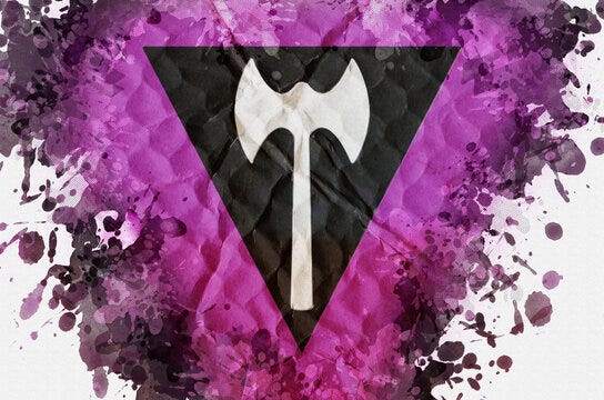 The image of a white labrys on a black triangle on a purple background that is frayed at the edges. 