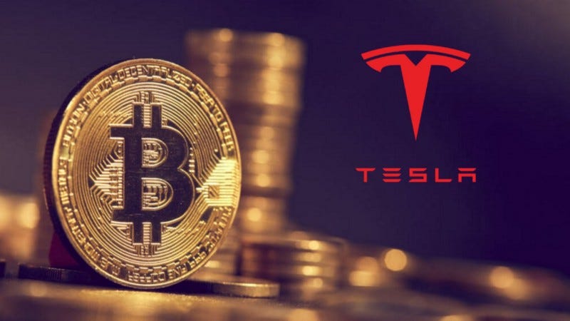 A stock of gold coins with the Bitcoin symbol on them, beside the Tesla logo