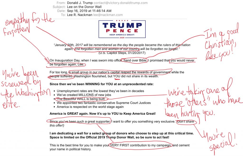 Handwritten annotations of a Trump campaign email.