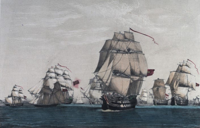 A painting of the British convoy captured on August 9, 1780. Painter unknown.