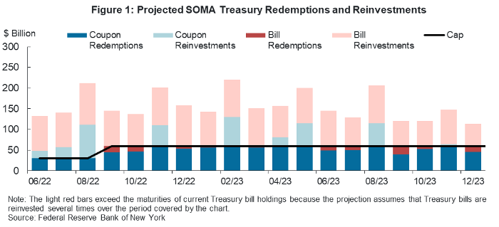 A chart showing the projected SOMA Treasury redemptions and reinvestments.
