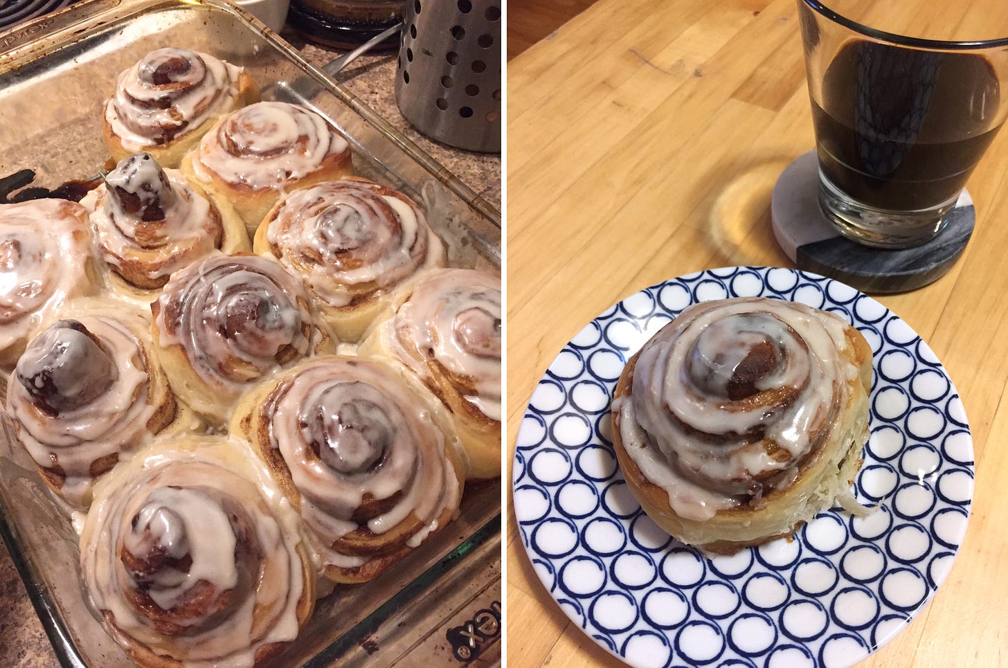 Left image: a pan of cinnamon buns with white icing melting overtop. Right image: one of the buns on a blue and white printed plate, with a glass of dark beer to the side.
