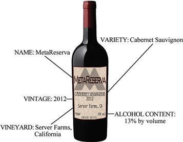 A wine bottle with several parts of metadata included. It says Name: MetaReserva, Variety: Cabernet Sauvignon, Vintage: 2012, Vineyard: Server Farms, Alcohol Content: 13% by volume.