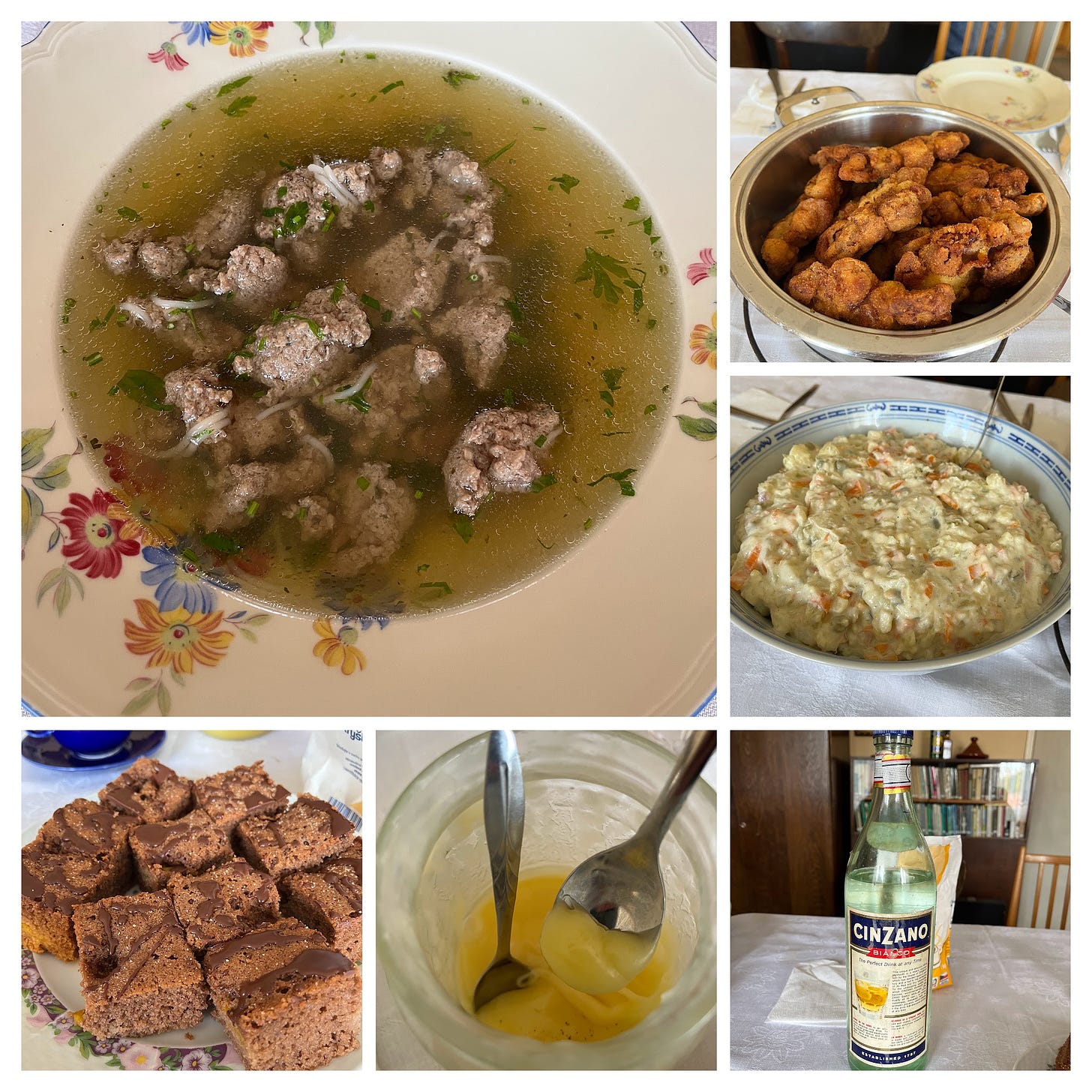 Photo collage with soup, schnitzel, potato salad, bottle with homemade brandy, jar with honey, and gingerbread cake
