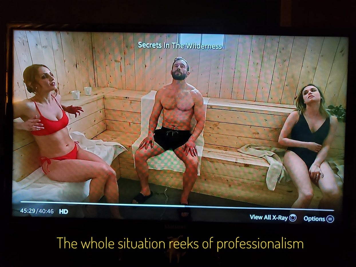Alana, in a red bikini, and Tyler in trunks, looking chill, and Lisa, in a one-piece, looking absolutely miserable, in the sauna, captioned "The whole situation reeks of professionalism"