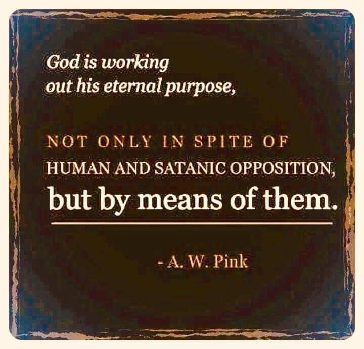 May be an image of text that says "God is working out his eternal purpose, SPITE NOT ONLY IN OF HUMAN AND SATANIC OPPOSITION, but by means of them. -Î. W. Pink"