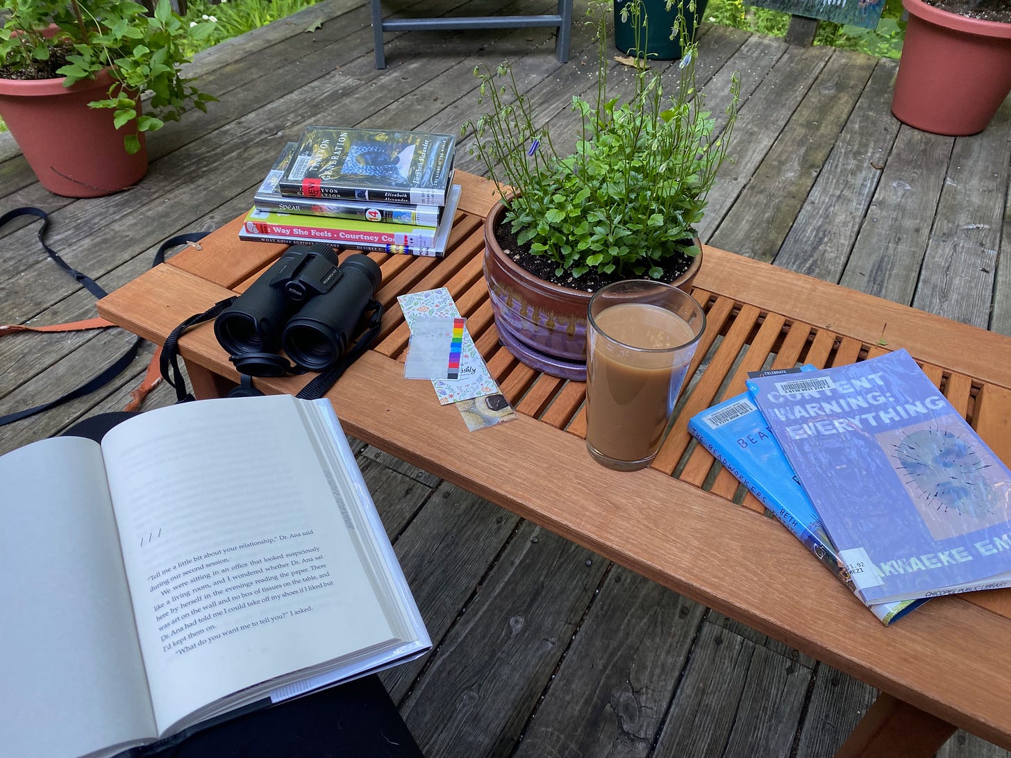 A wooden coffee table on a porch filled with stacks of books, a glass of iced tea, bookmarks, binoculars, and a potted plant. Other potted plants on the porch are visible in the background. A book is open on my knee, partially visible.