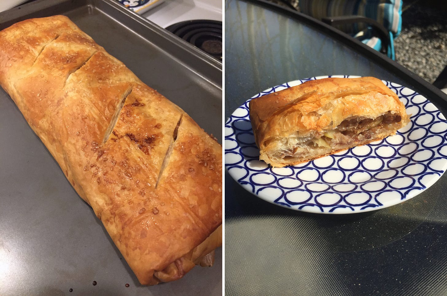 left image: a full-size strudel with diagonal vents cut in the top, resting on a baking sheet. right image: a slice of the strudel on a patterned plate. flakes of pastry and pieces of apple are visible.