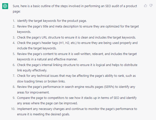 ChatGPT breaking down the SEO audit process into ten steps