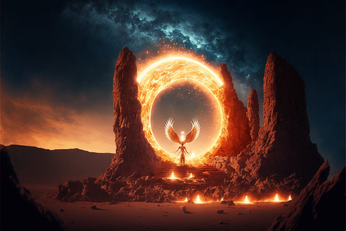 Scorpio phoenix fire angel transforming in front of the full moon. Surreal, fantasy, galaxy. Wide angle, cinematic, unreal engine, mystical landscape.