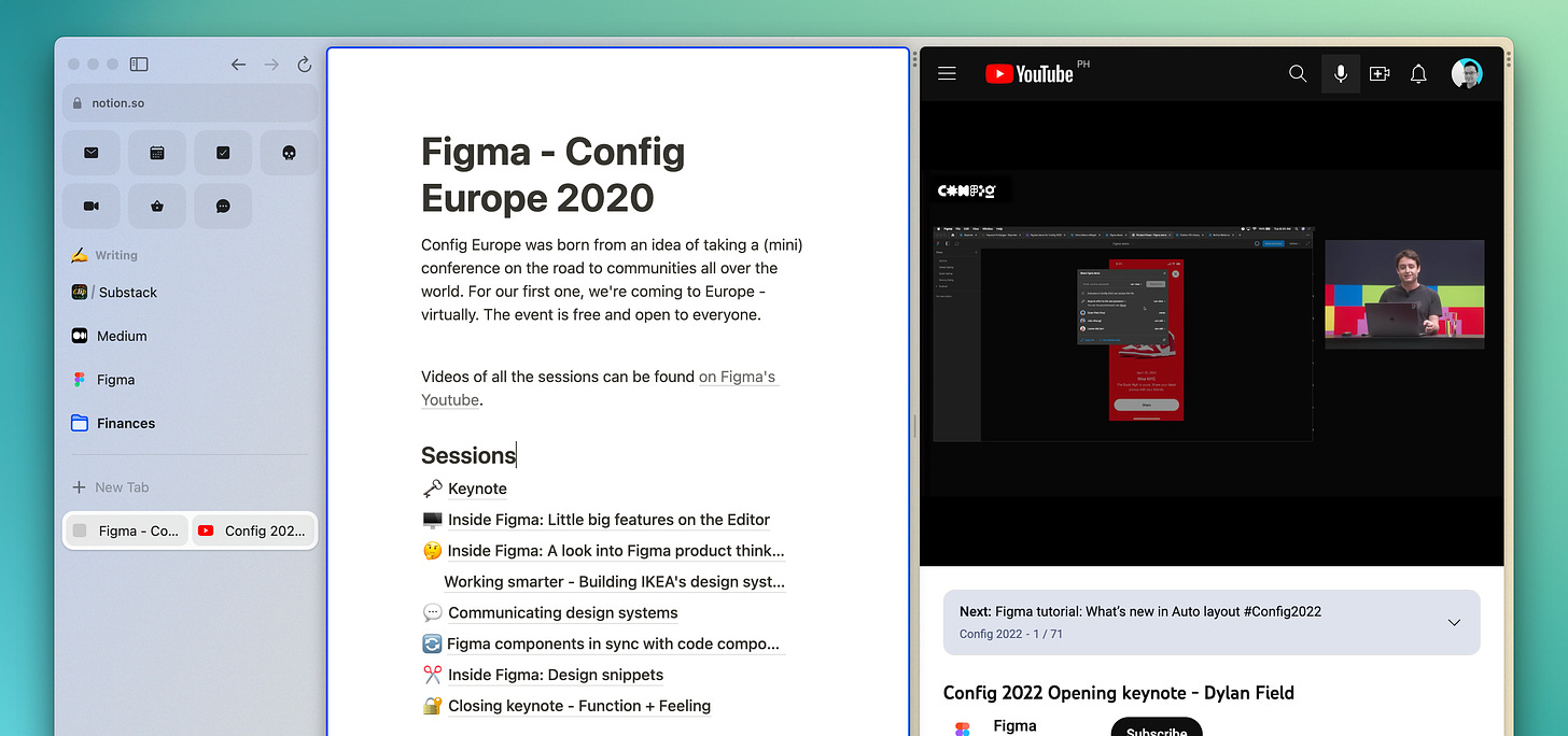 A notion pane and a youtube pane side by side in a splitscreen view