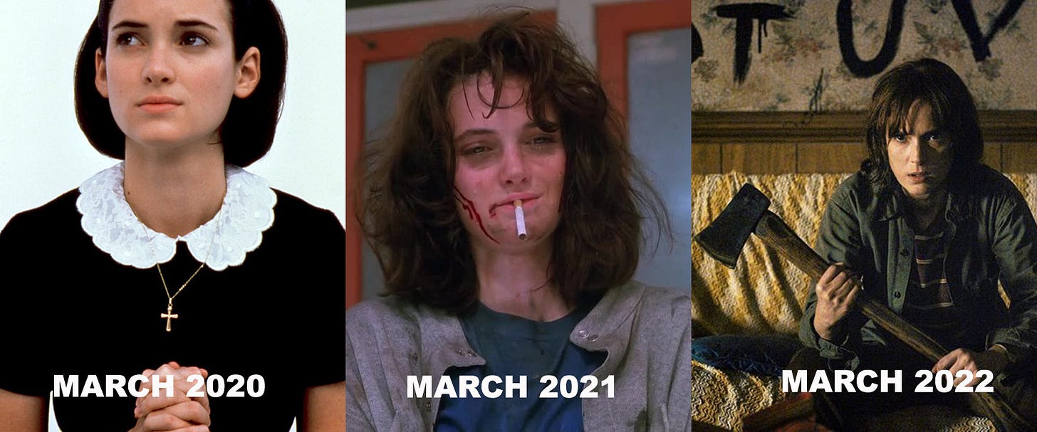 Left image: Winona Ryder in Mermaids, hands clasped, looking worried. Centre image: Winona at the end of Heathers, dirty and bloody, with a cigarette hanging from her mouth. Right image: Winona in Stranger Things, sitting on a couch holding an axe, looking furious and determined.