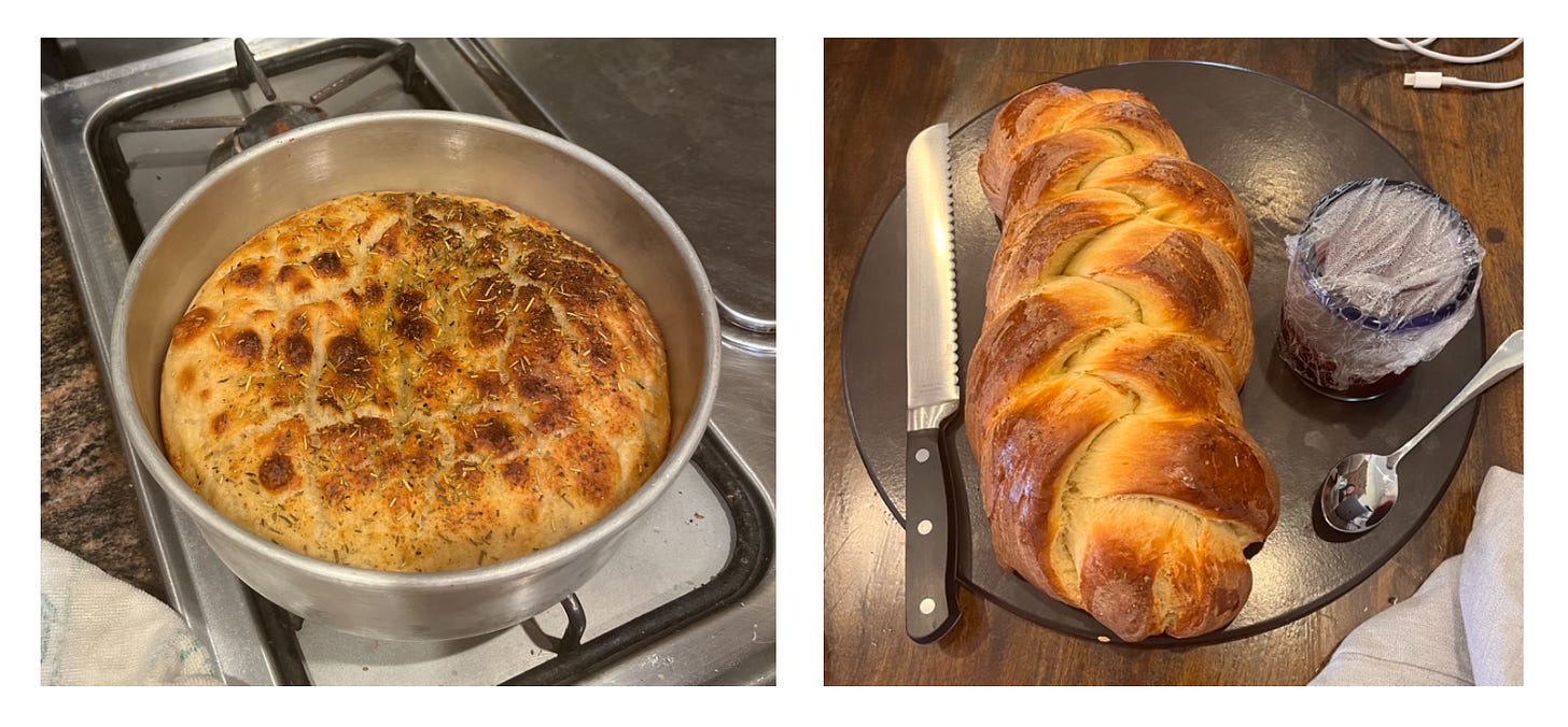 A loaf of focaccia and a loaf of challah