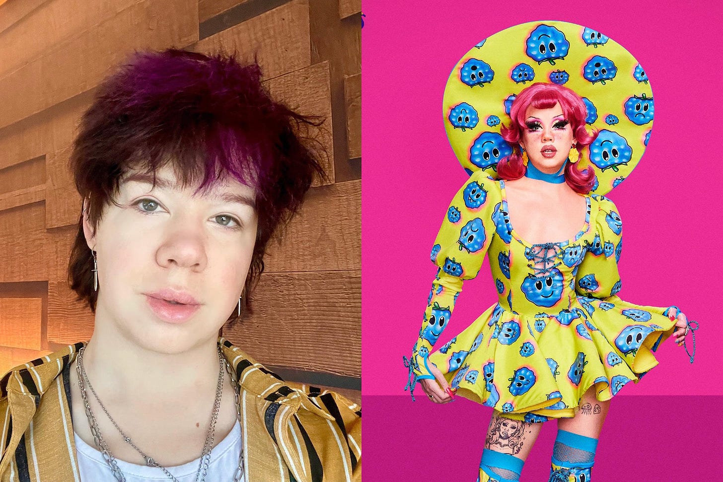 Two images of Willow Pill: Out of drag, they are a young-looking, fair-faced enby with dark purple hair. In drag, they are a bombshell in a yellow and blue patterned outfit with smiling blue raspberries.