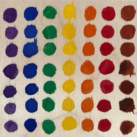 An animated loop of a 4 inch by 4 inch wooden canvas painted with seven rows of seven circles, one each of purple, blue, green, yellow, orange, red, and brown. The first frame the background is wood, then the second frame shows purple surrounding the circles in the first row, and then blue, and then green, and then yellow for the middle row and it looped back to the beginning again. This shows four weeks into the counting of the Omer.