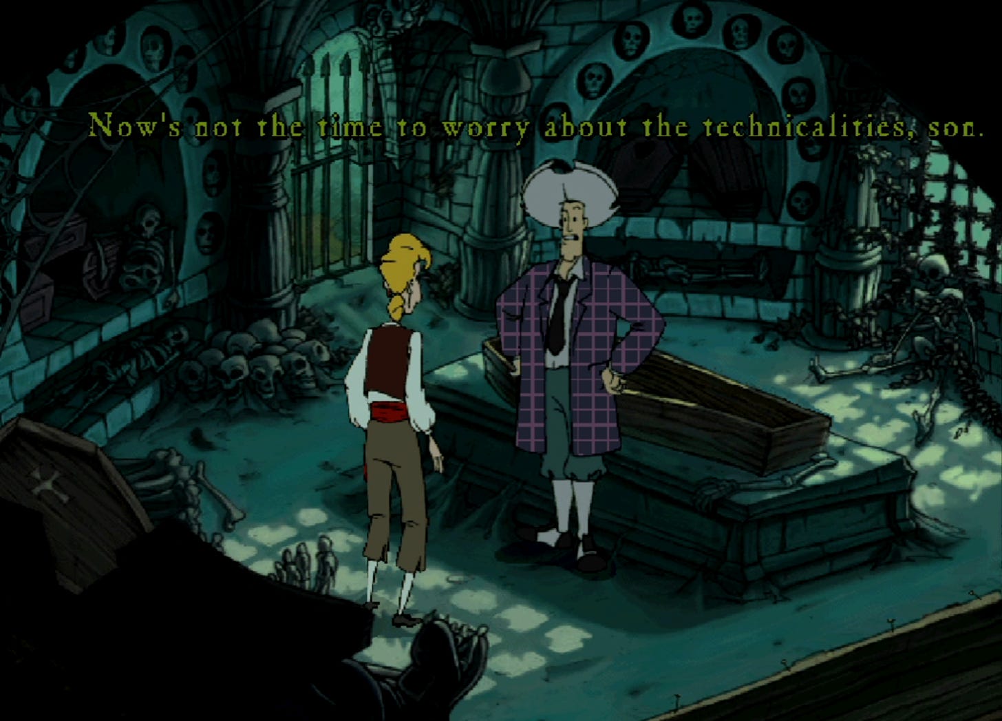 Stan to Guybrush, on the former's life insurance business: "Now's not the time to worry about the technicalities, son."