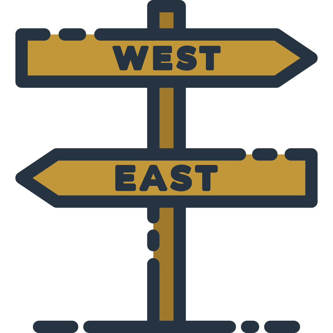 Drawing of signpost pointing east and west
