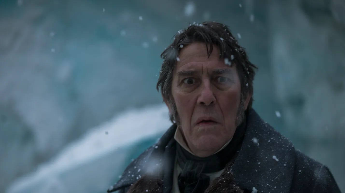 A white man in an 1800s British Navy uniform looks horrified at something off-camera in an artic setting