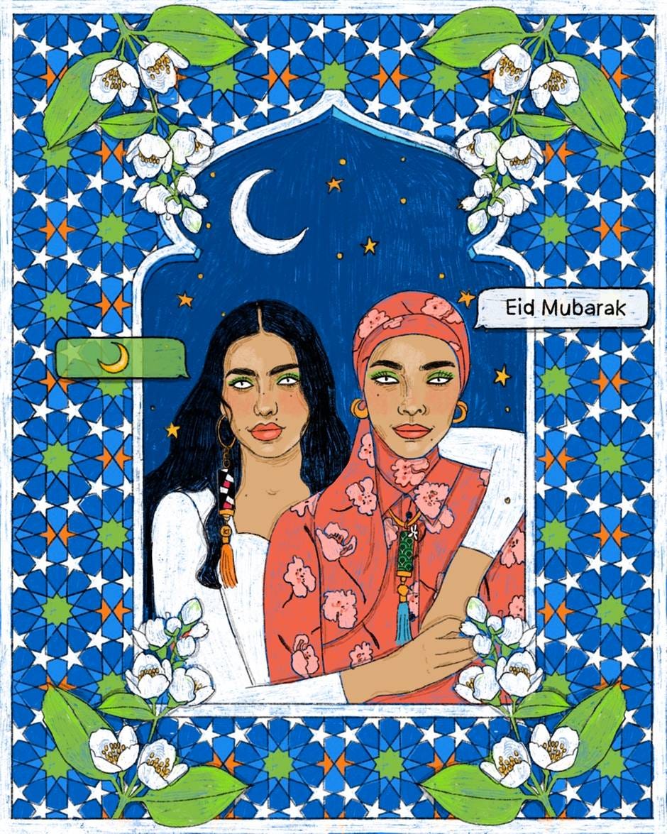 Celebrating women and Eid Al Fitr, the drawings by Nourie Flayan for Carolina Herrera are filled with symbols. Courtesy Carolina Herrera