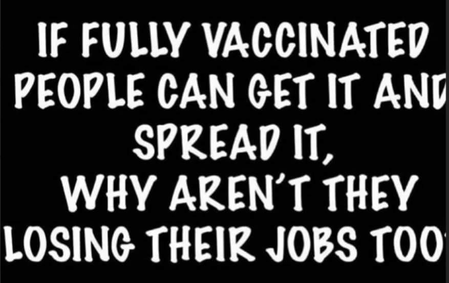 May be an image of text that says 'IF FULLY VACCINATED PEOPLE CAN GET IT AND SPREAD IT, WHY AREN'T THEY LOSING THEIR JOBS TOO'