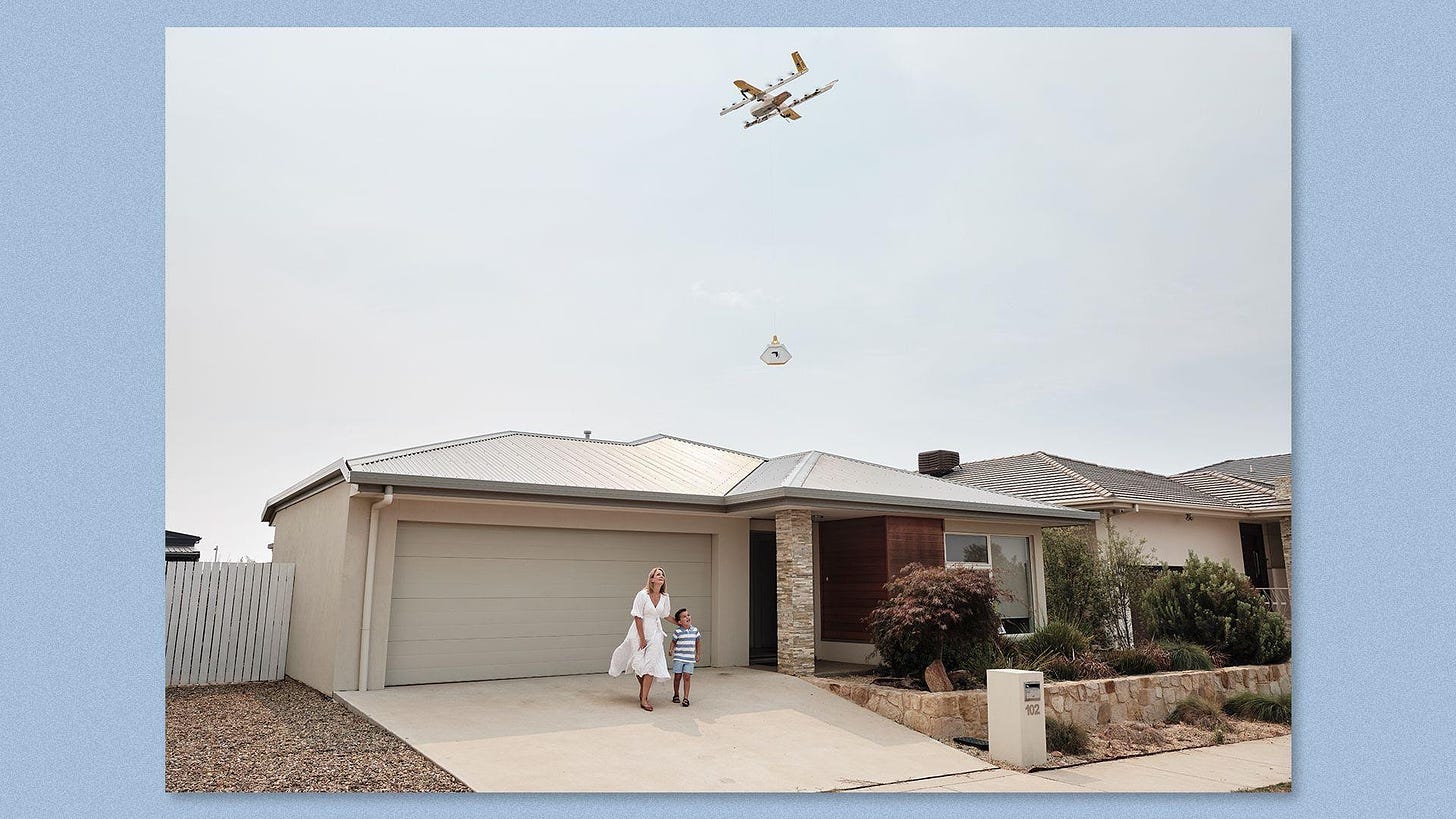 A drone delivers a package to a home.