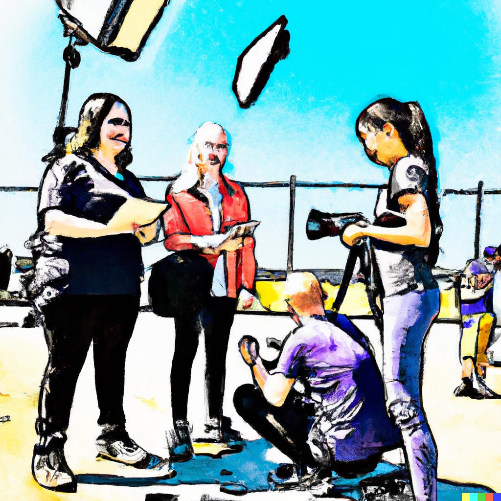 AI illustration. “a diverse female video production crew shooting in location, in bright sunlight, comics style”