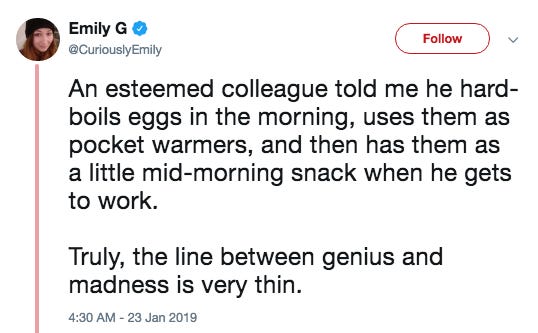 Screenshot of a funny tweet about a guy with eggs in his pockets