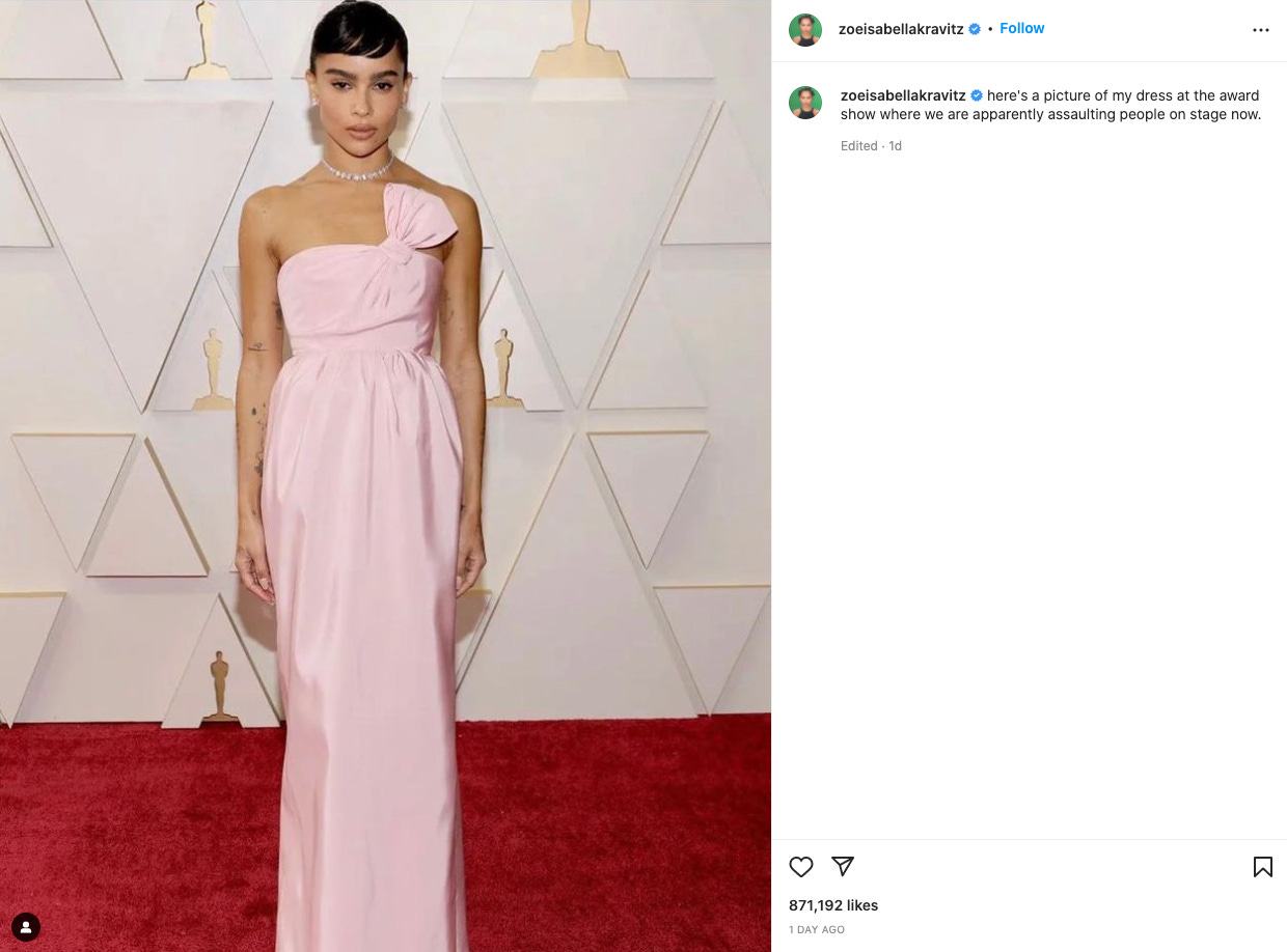 Zoe Kravitz in a pink dress at the Oscars. zoeisabellakravitz: here's a picture of my dress at the award show where we are apparently assaulting people on stage now.