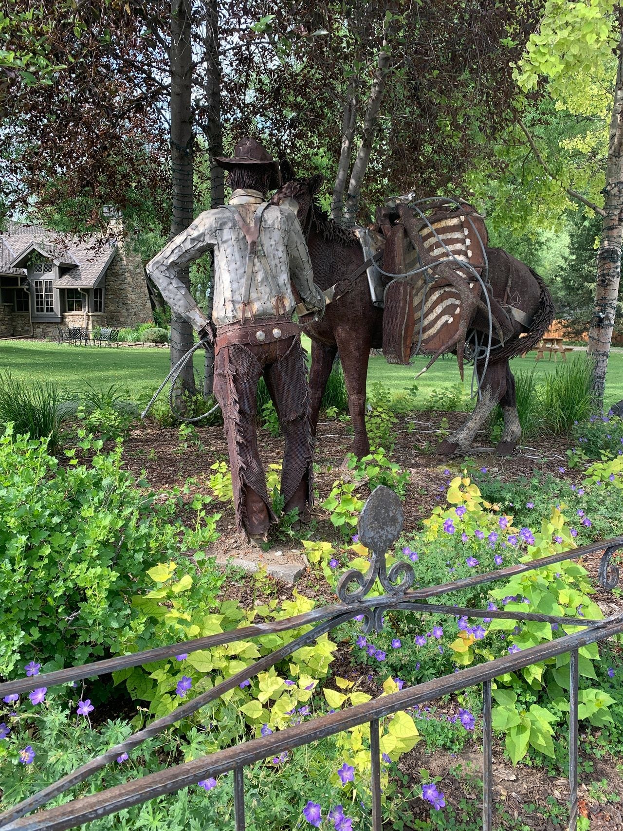 Metal art sculptures are featured all around downtown Ennis, Montana.