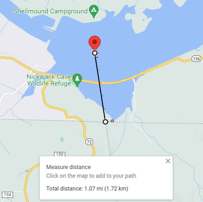 A Google Maps screenshot showing that the southern Tennessee boundary is about a mile south of where it's supposed to be: the 35th parallel north.