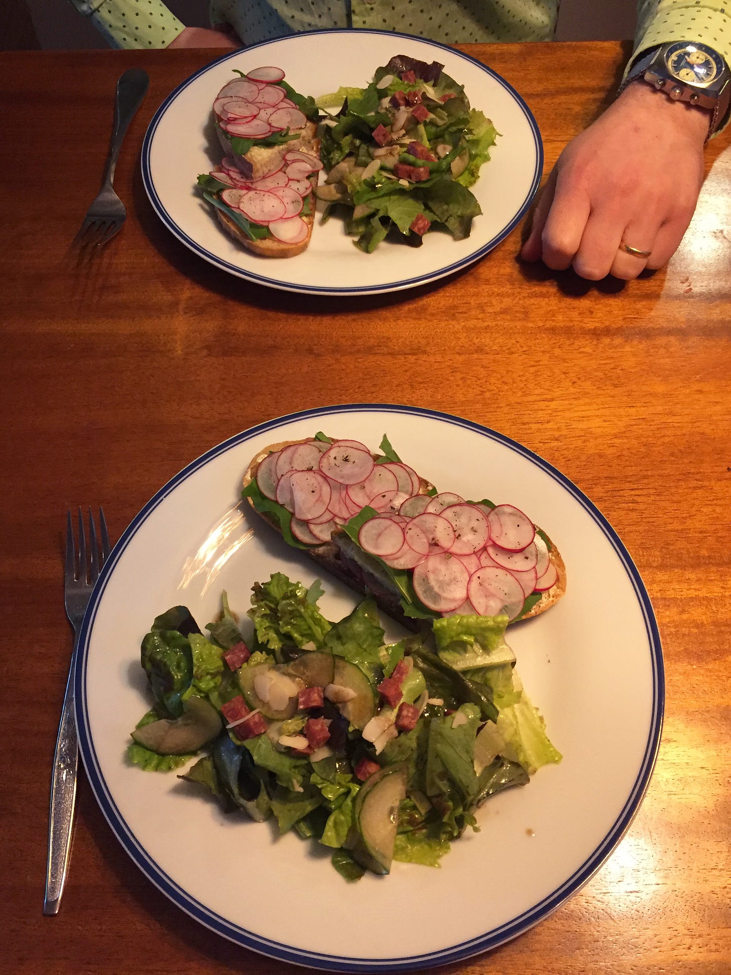 Two plates across from each other on a table, each with two halves of an open-faced sandwich and a large portion of salad. The sandwiches have leaves of arugula beneath piles of very thinly sliced radishes.