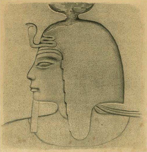 Drawing of a pharaoh, in profile, wearing a headdress with a snake on it, looking somber or fierce, hard to tell.