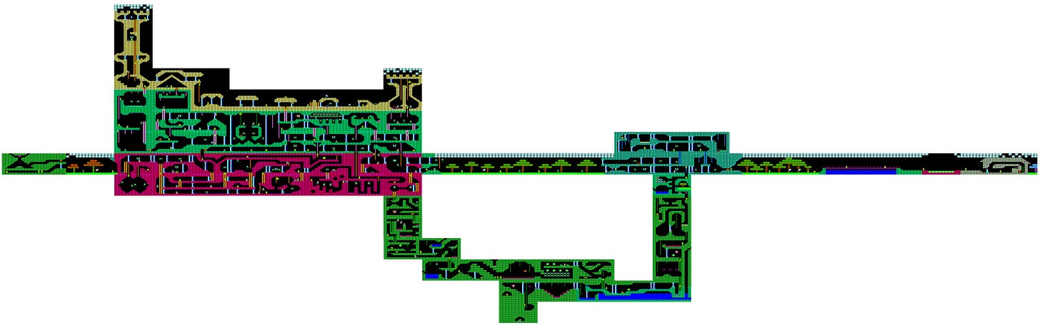 a multicolored generated dungeon map, includes forests and rivers and caves